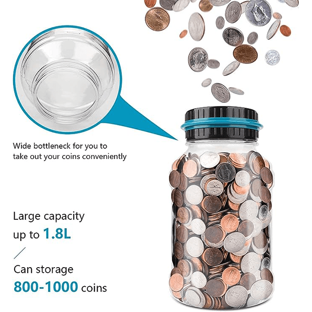 Digital Coin Counting Bank with LCD Counter, 1.8L Capacity Coin Bank Money Jar for Adults